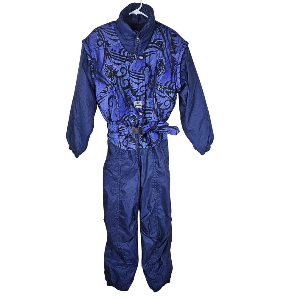 Vintage Biting Time Ski Jumpsuit Rip Stop One Piece Blue Graphic Belt Gaper Day